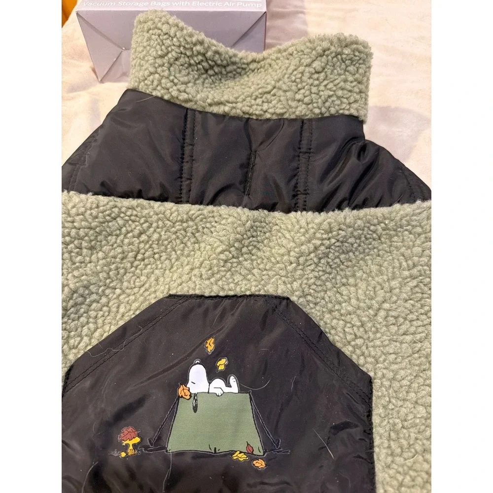 Peanuts Snoopy Camping Scene Green Sherpa Fleece and Puffer Dog‎ Vest Jacket, Me